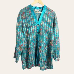Vintage Victoria’s Secret Blue Satin Floral Gold Label Long Sleeve Blouse M
